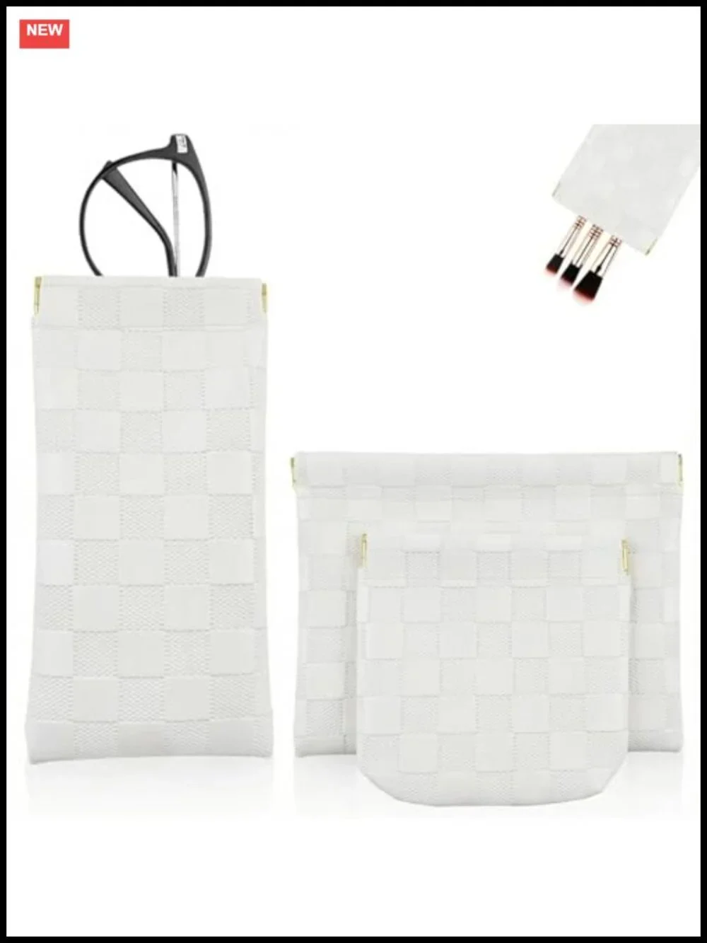 3 Pcs Small Makeup Bag for Purse with Checkered Leather Pouch Set including